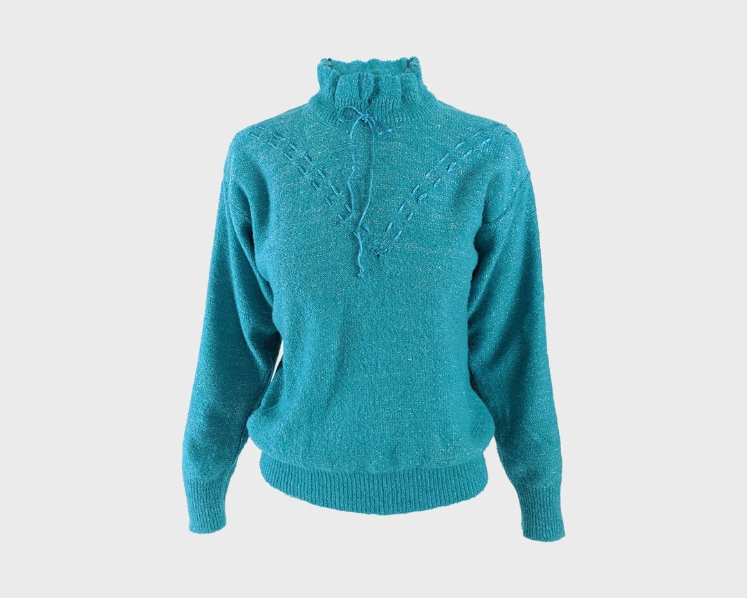 Vintage 70s Lurex Sweater Turquoise Sweater Frilly Collar Etsy