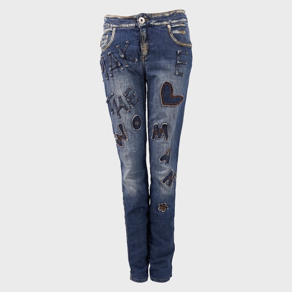 Vintage MOSCHINO Jeans, The Clothes Make the Woman, y2k jeans, denim pants extra long leg distressed jeans patchwork applique designer jeans