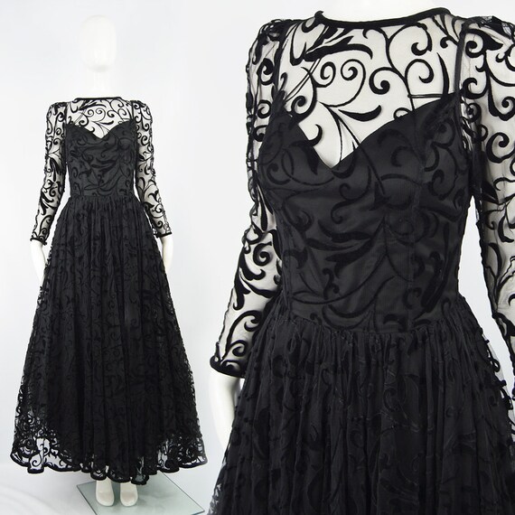 CAROLINE CHARLES 90s Evening Gown Black Tulle Dres