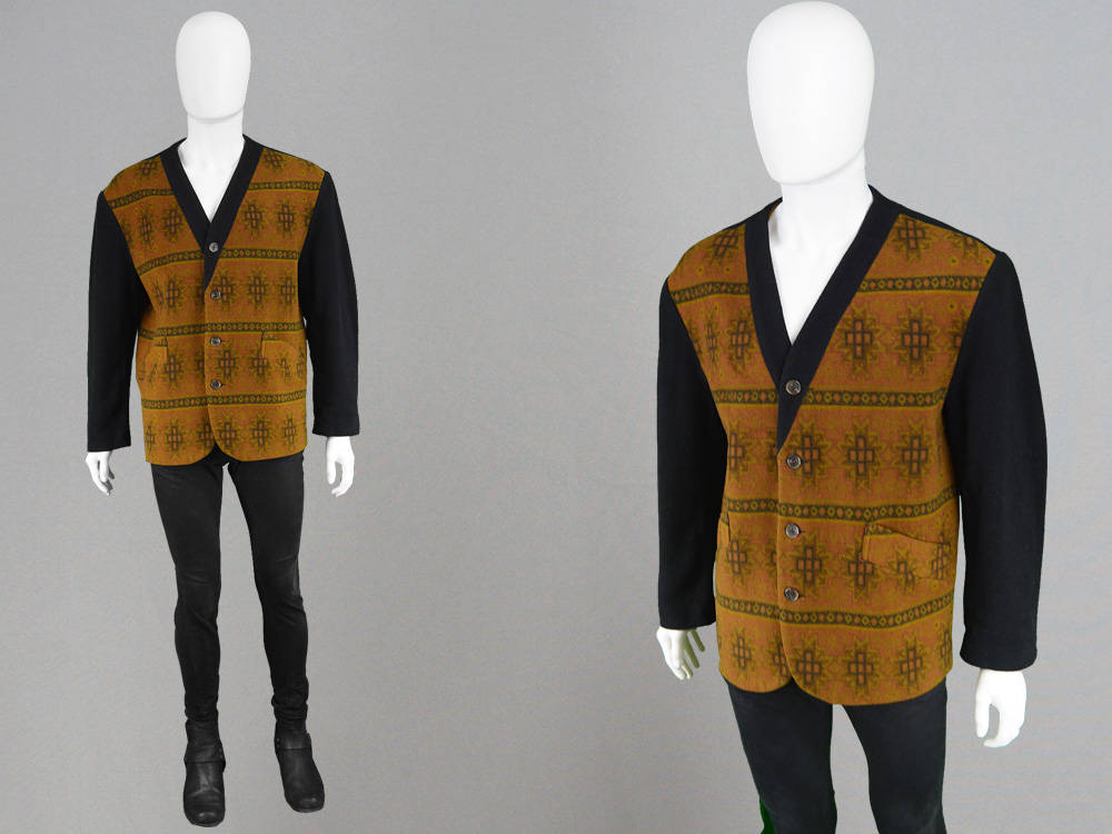 Image of Vintage 80S Men's Collarless Blazer Aztec Pattern Woven Wool Jacket Mens Avant Garde New Wave Black Brown & Mustard Southwestern