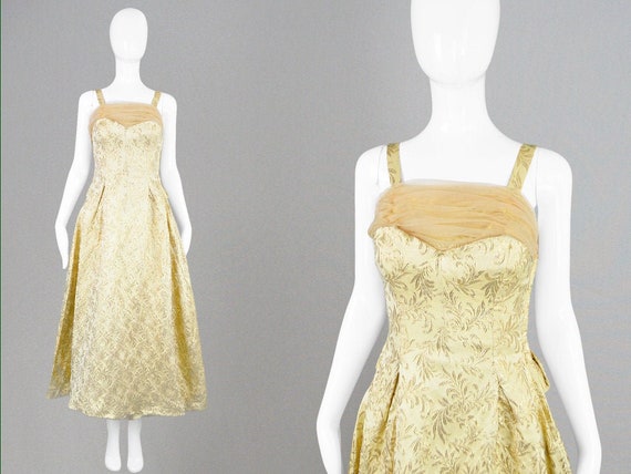 50s Evening Gown Gold Brocade 1950s Evening Dress