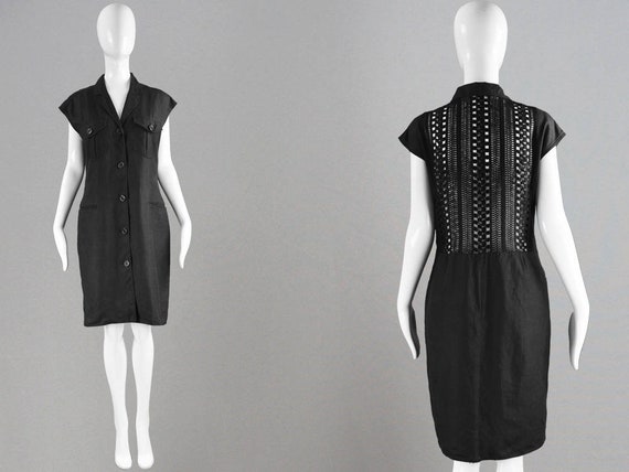 90s GENNY Open Back Shift Crochet Trim Black Linen