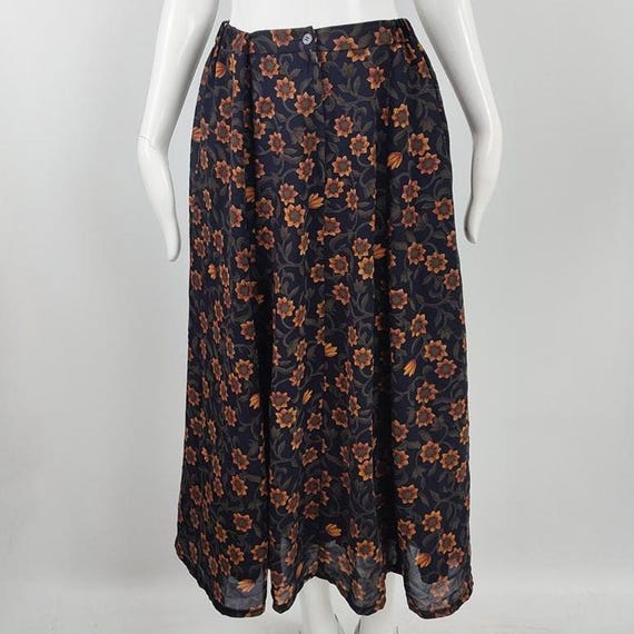 Saia midi vintage dos anos 90 em georgette/organza floral azul