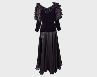 Vintage 80s JEAN LOUIS SCHERRER Black Silk Velvet Evening Gown Ruffle Sleeves