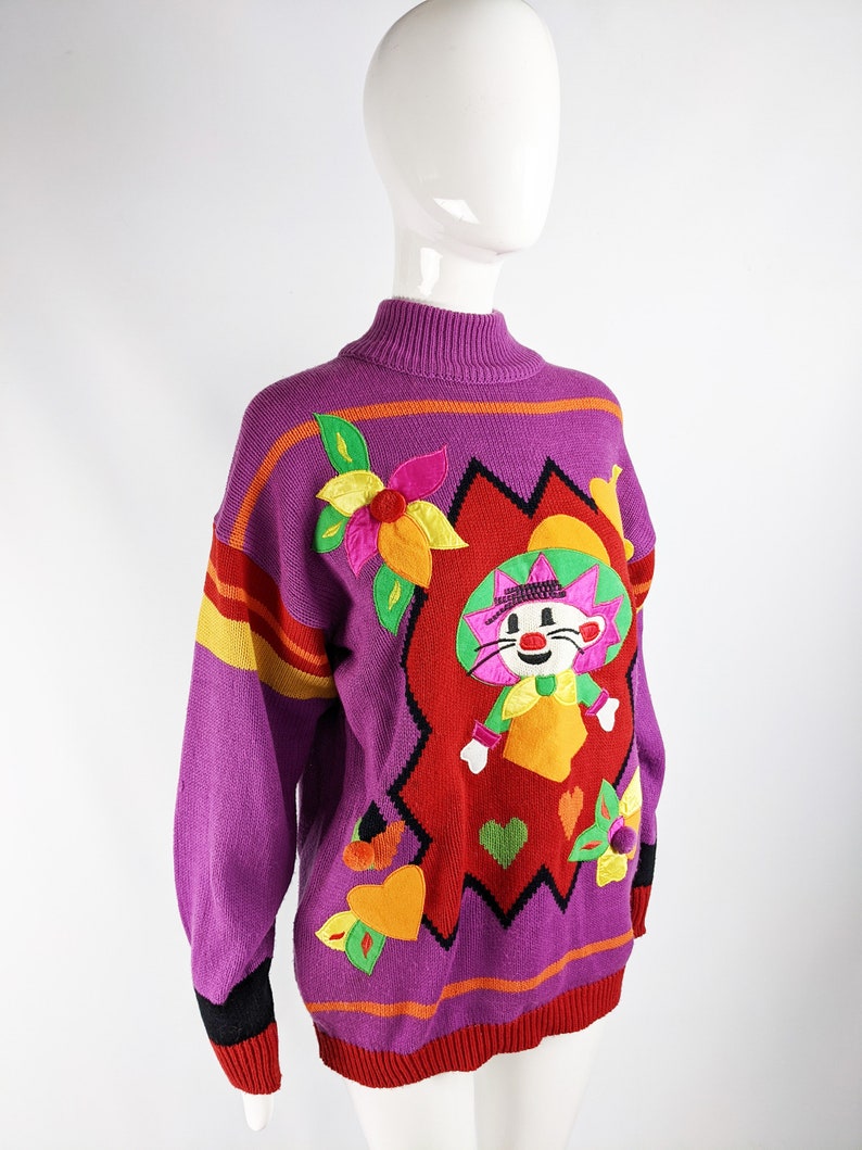 Vintage 80s Sweater Womens Jumper Purple Knit Top Long Sleeve 1980s Sweater New Wave Clothes Ladies Pullover Oversized Jumper Satin Applique image 5