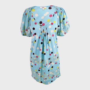 Kenzo Dress Vintage y2k Dress Blue Sequin Dress Polka Dot Print Puff Sleeve Silk & Cotton Loose Fit Mini Dress