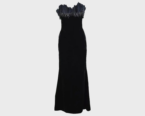 ESCADA COUTURE Velvet Evening Gown Feather Dress B