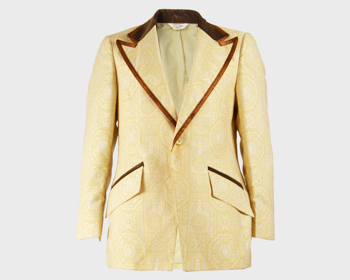 Image of 70S Mens Blazer Jacket After Six Peaked Lapels Brocade Satin Jacquard Mod Dandy Velvet Evening 1970S Tuxedo