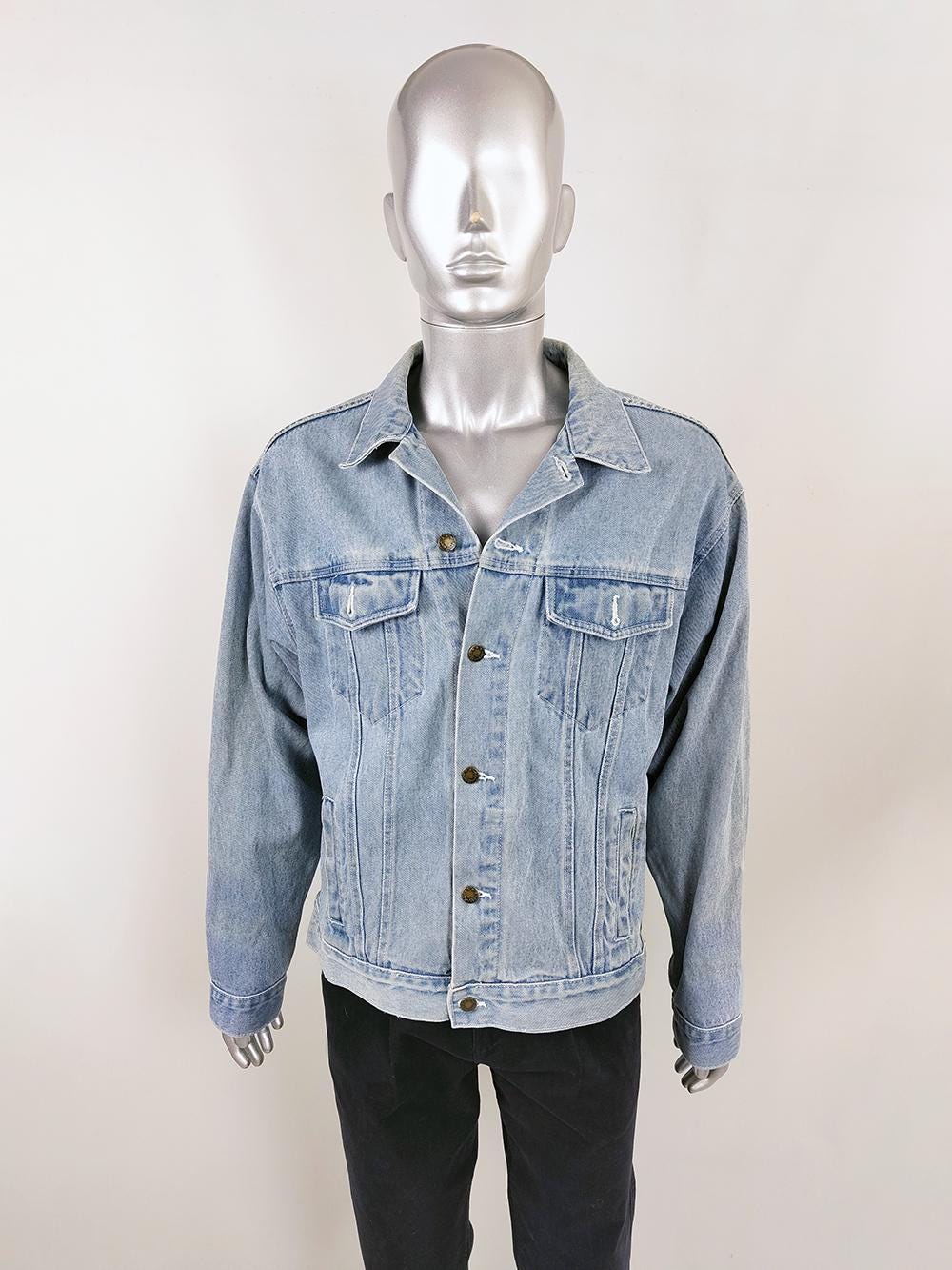 Vintage 90s Mens Light Blue Denim Jacket, Grunge Jean Jacket for