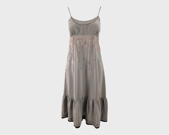 Vintage SANDRO Dress Y2k Dress, Taupe Silk Dress, Strappy Spaghetti Straps, Embroidered  Dress, Empire Waist, Boho Party Dress, Designer