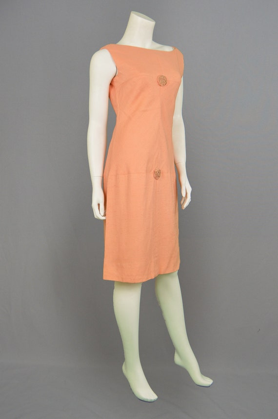 Vintage 60s FRANK USHER Peach Linen Shift Dress M… - image 3