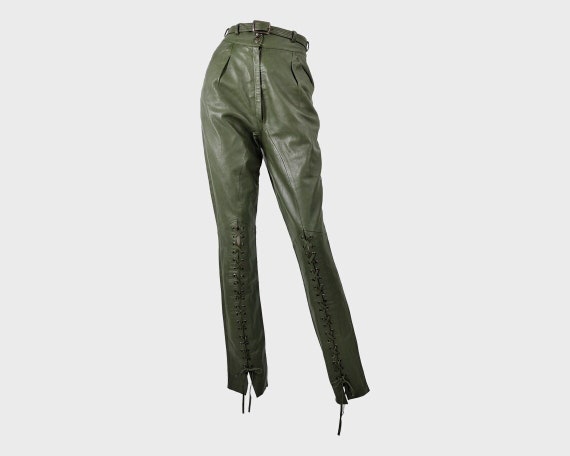 Vintage 80s CHRISTIAN DIOR Pants, Green Leather Pants, Lace up Leather  Trousers, High Waist Pants, Riding Pants, Dior Vintage Trousers, XS 
