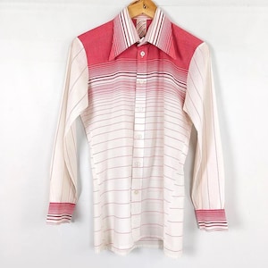 Vintage 1970s Dagger Collar Shirt Pink Ombre Striped Long Sleeve Button Up