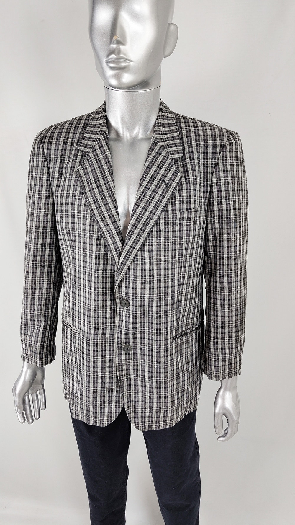 Vintage Check Blazer Men, Italian Blazer, Linen Silk Wool