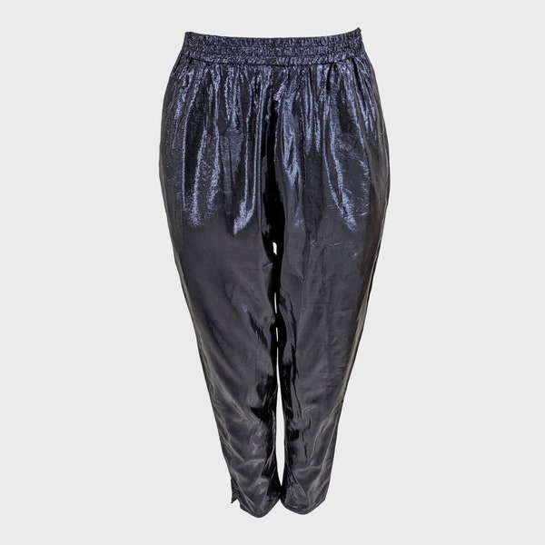 Angelo Tarlazzi - Pantalon de soirée 80s bleu nuit en soie métallisée lamé lurex bleu nuit taille haute Disco Pants 80s Cigarette Trousers | S M