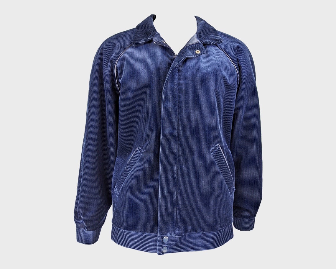 Image of 70S Cord Jacket Men Corduroy Dark Blue Harrington Zip Up Bomber Blouson St Michael 1970S