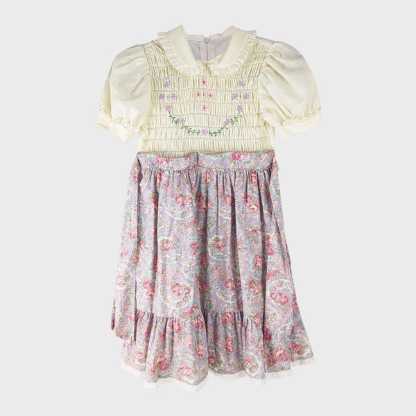 Vintage 70s Girls Dress Age 10 Hand Smocked 1970s Dress Childrens Dress Floral Skirt Puff Sleeve Puffed Sleeves Cream Dress Embroidered