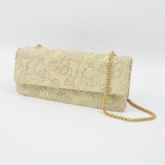 Buy CHARLES JOURDAN Bag Pale Gold Satin Purse Embroidered Leather