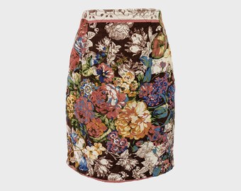 Vintage 80s Quilted Floral Skirt - Brown Cotton Padded Skirt