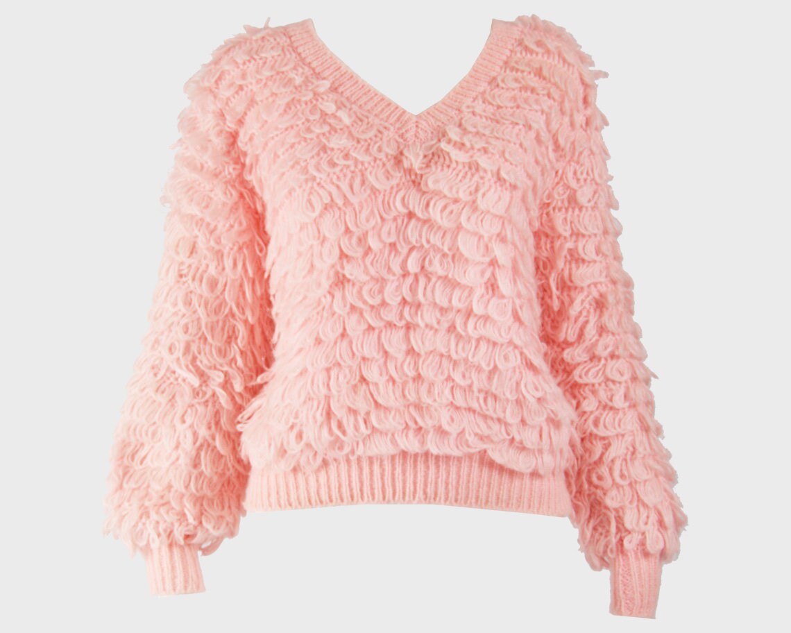 Image of S Pastel Pink Sweater Loop Knit Fuzzy Jumper Kawaii V Neck Top