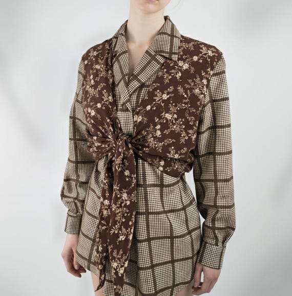 Vintage SPORTMAX Silk Blouse: Brown Check, Floral Overlay - Etsy