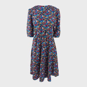 Vintage 80s Floral Dress Elasticated Waist Blouson Dress 1980s Flowery Dress Pleated Shoulders Puff Sleeves Loose Fit on Top Tea Dress | M L