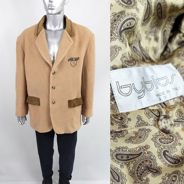 Vintage 80s Mens BYBLOS Jacket, Mens Tailored Tan Italian Wool Blazer Made in Italy, Designer Vintage, Real Suede Collar