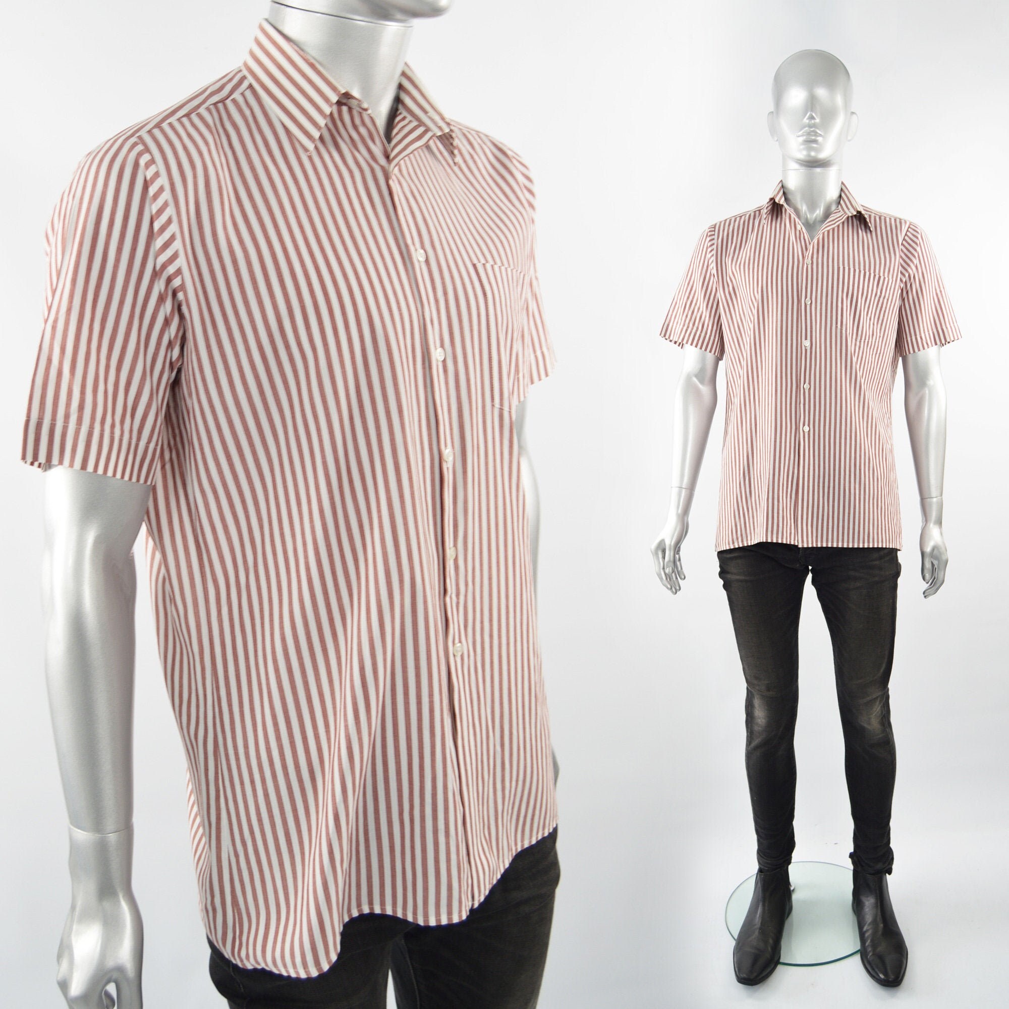 Image of 90S Striped Shirt Mens Stripy Short Sleeve Preppy Mod Vertical Stripes