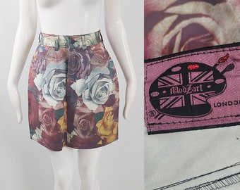Vintage 80s 90s MODZART Skirt, Floral Print Denim Skirt, Photorealist Rose Pop Art Pattern Jean John Dove Molly White, High Waisted Skirt