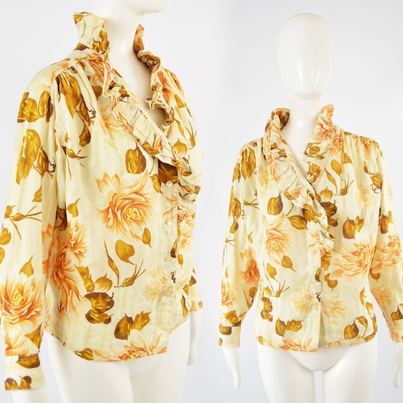 80s KENZO Shirt Frilly Blouse Floral Shirt Woman R