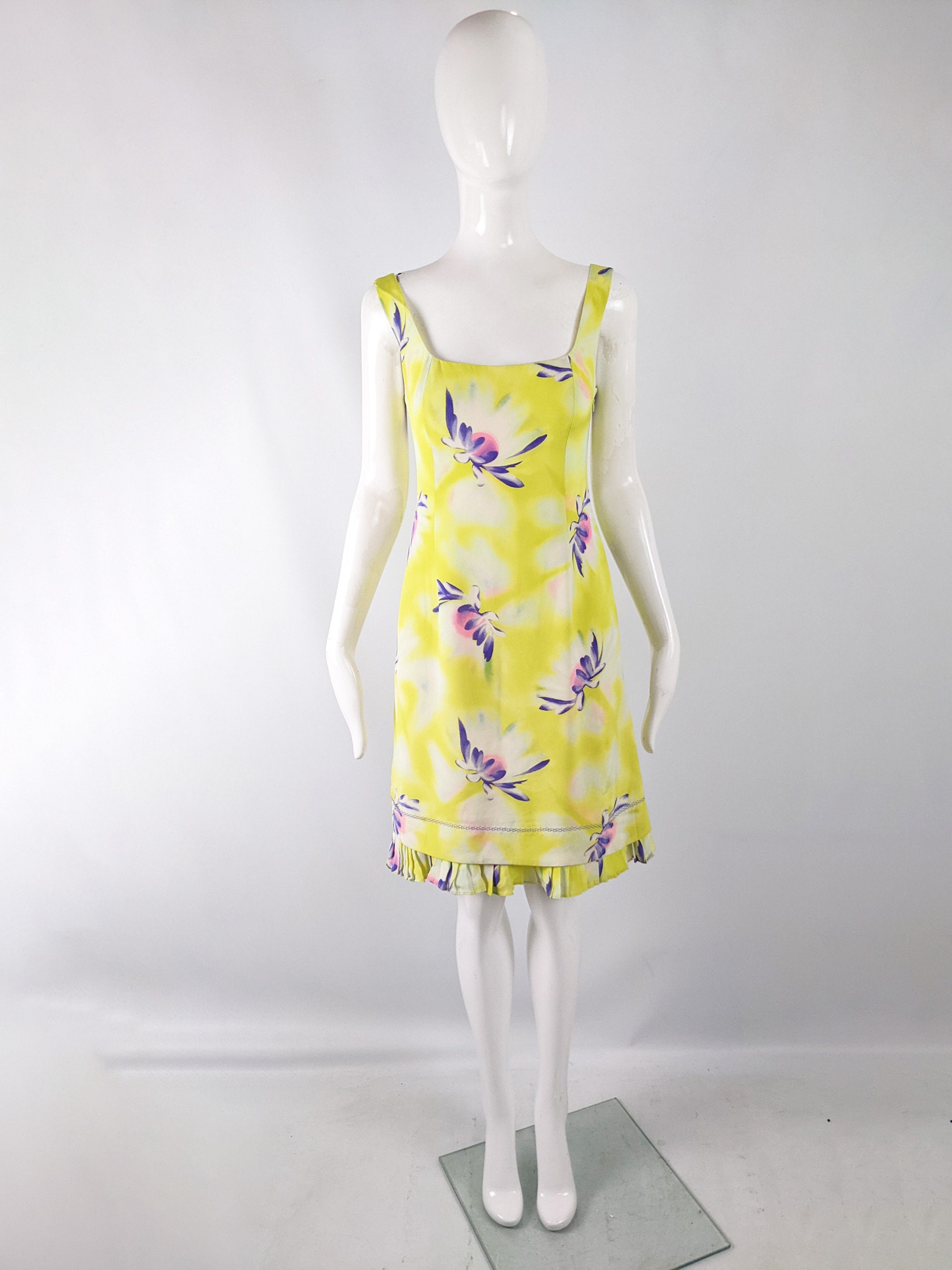 Vintage Gianni Versace 80s リネン ロングワンピース Vintage GIANNI VERSACE Dress, Yellow Floral Print Pure Silk