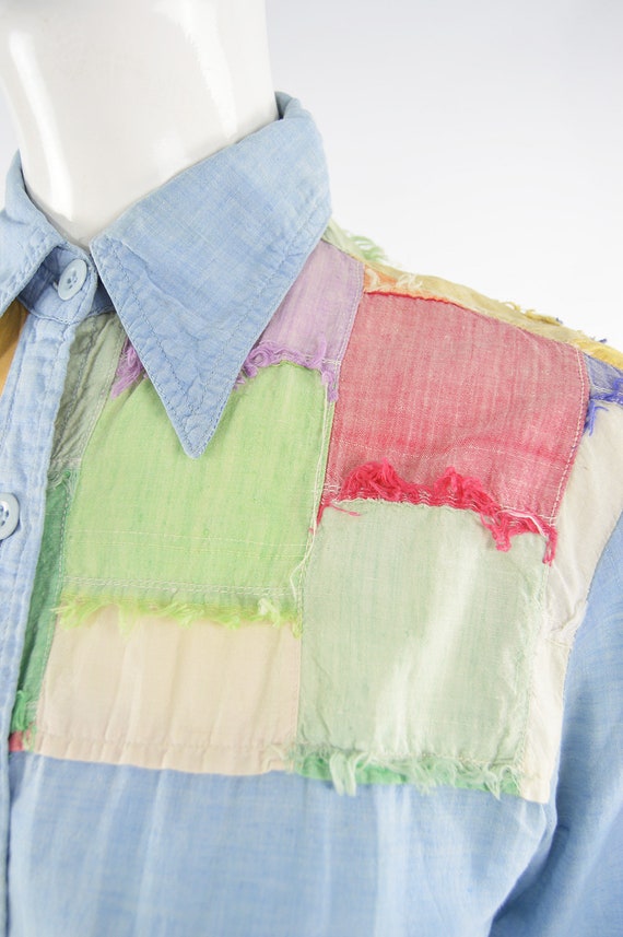 70s Boho Shirt Blue Chambray Patchwork Indian Cot… - image 5