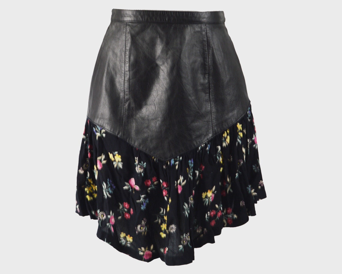 Image of Vintage S Leather Skirt Rayon Boho S Grunge Black Genuine Real Ditsy Floral Print Courtney Love Style