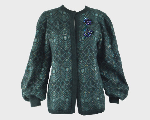 Vintage 80s ESCADA Mohair Sweater Teal Cardigan Gr