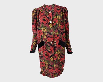 Vintage 80s Wool Shift Dress Jean Louis Scherrer Floral Fabric Ruffle Hem
