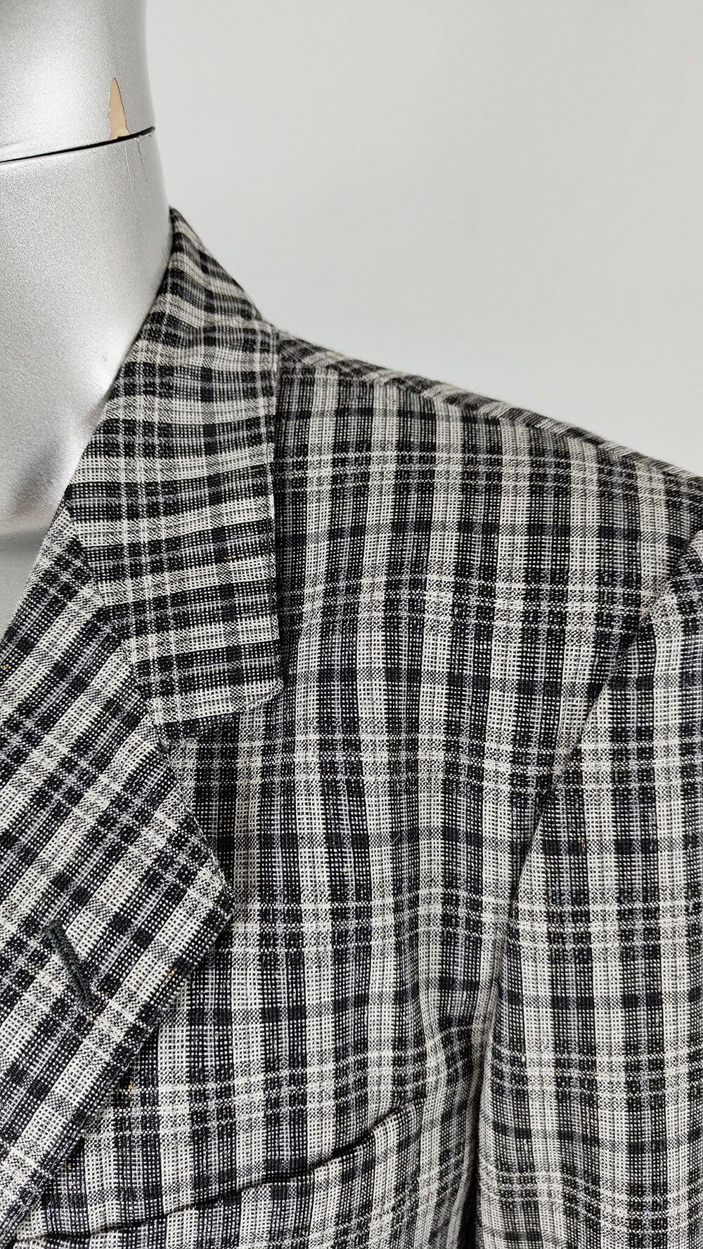 Vintage Check Blazer Men, Italian Blazer, Linen Silk Wool, Black