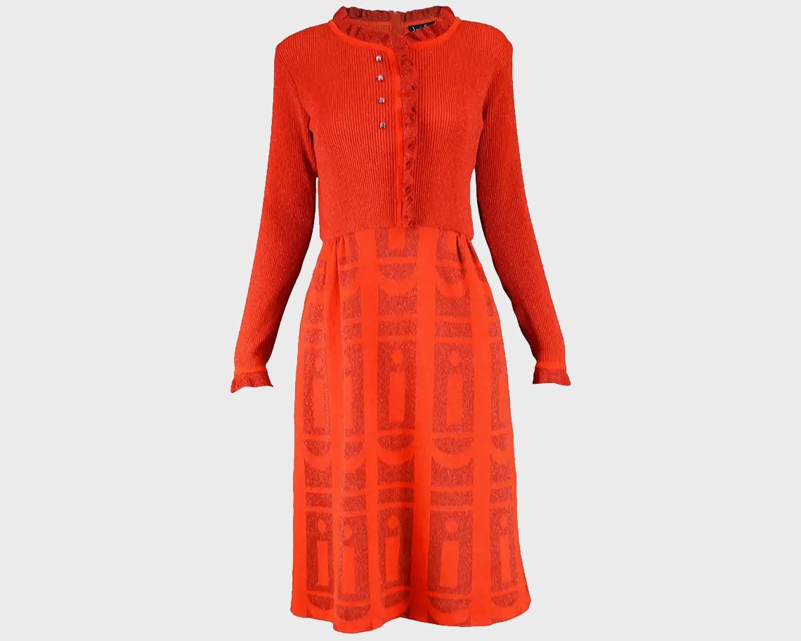 Image of S Louis Feraud Red Knitted Dress Long Sleeve Party