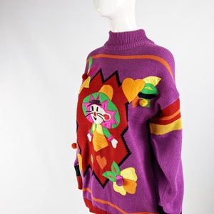 Vintage 80s Sweater Womens Jumper Purple Knit Top Long Sleeve 1980s Sweater New Wave Clothes Ladies Pullover Oversized Jumper Satin Applique image 7