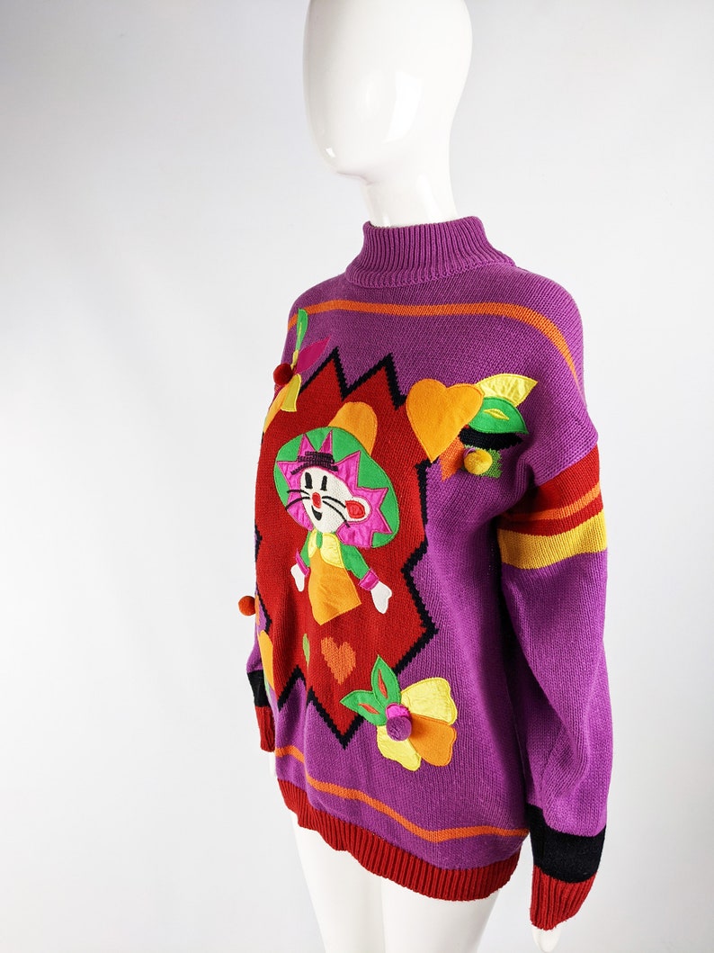 Vintage 80s Sweater Womens Jumper Purple Knit Top Long Sleeve 1980s Sweater New Wave Clothes Ladies Pullover Oversized Jumper Satin Applique image 7