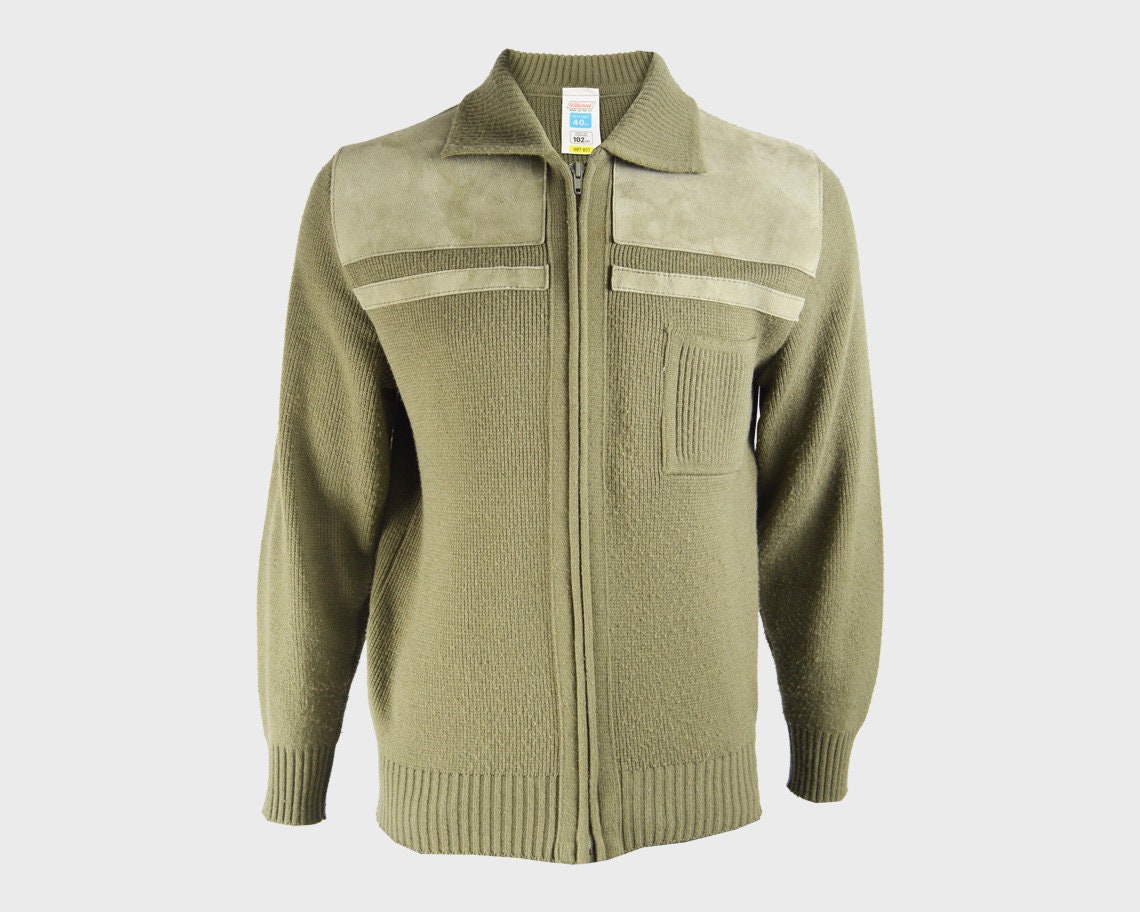 Image of 70S Mod Jacket Knit Men Cardigan Sweater Military Green Real Suede Panel Mens Vintage Clothing St Michael L
