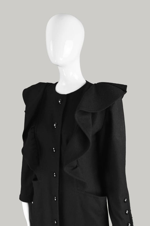 80s NINA RICCI Black Wool Coat Mini Length Ruffle… - image 3