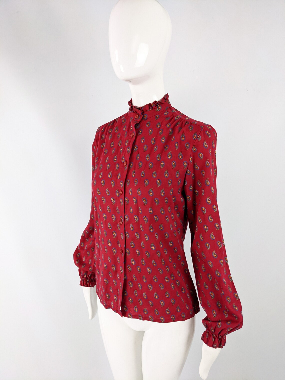 Vintage 70s Blouse Women Red Shirt High Neck Blouse Pie Crust Etsy
