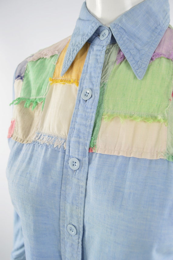 70s Boho Shirt Blue Chambray Patchwork Indian Cot… - image 4
