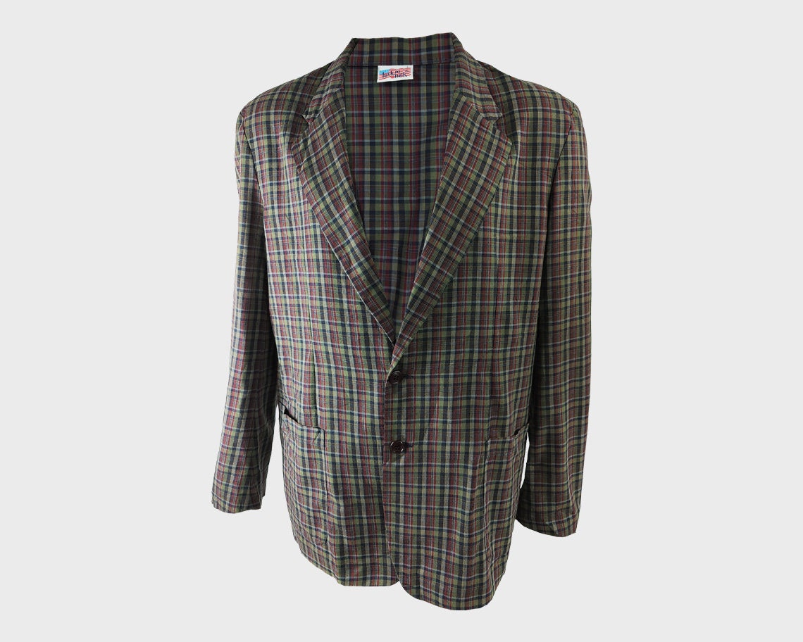 80年代ヴィンテージブレザー、アンストラクチャードジャケット、プレッピージャケット、1980年代メンズファッション、軽量ブレザー、赤と緑のチェック柄ジャケット、チェックブレザー  - Etsy 日本, image size:1140x912