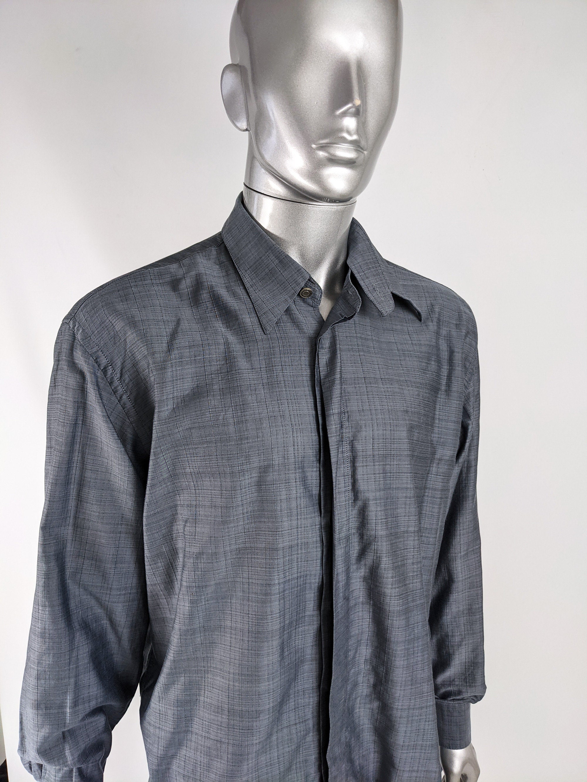 GIANFRANCO FERRE 90s リネンシャツ アーカイブ 90s “GIANFRANCO FERRE” navy herringbone pattern shirt ジャン