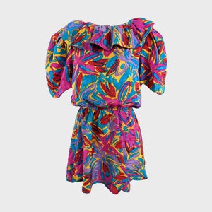 Vintage FLORA KUNG Dress Silk Mini Dress Abstract Print Rainbow Dress Multicolored Dress 1980s Party Dress Puff Sleeve Summer Women Medium M