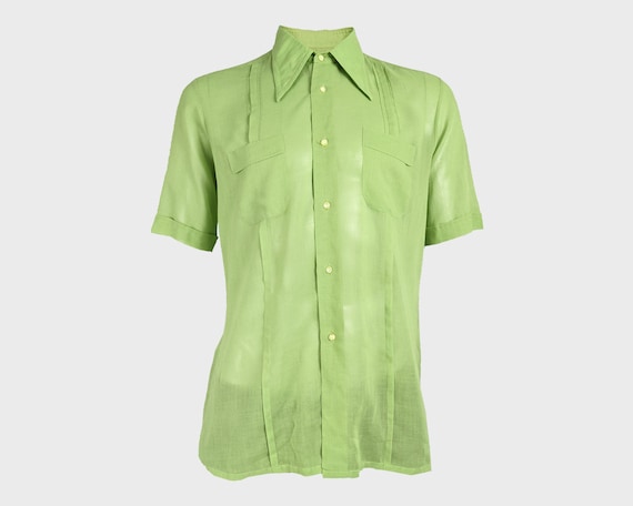 HARRODS 60s Mens Shirt Green Cotton Mens Sheer Shi