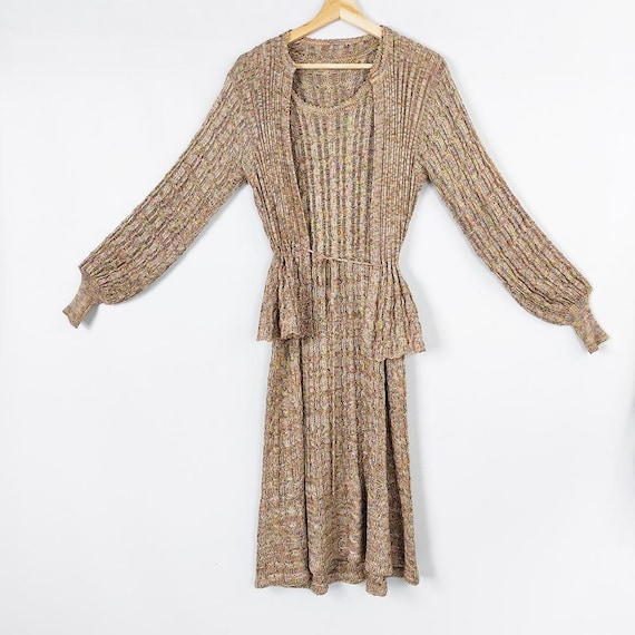 knit dress and cardigan set Vintage 2pc Knitted & Sweater 1970s Open Brown Outfit SCH000481