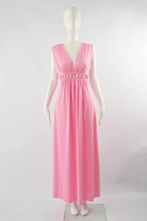 1970s Maxi Dress Cut Out Plunge Dress Pink Evenin… - image 2