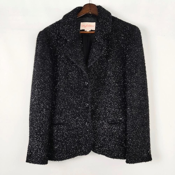 Byblos, Vintage Byblos Italian Black Sparkle Metallic Lamé Fibre Lurex Fluffy Jacket